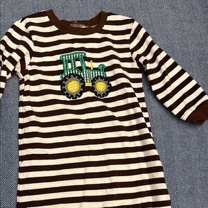 Stitchy Fish Brown and White Striped Long Sleeve Tee with Green Tractor